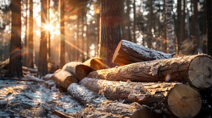 Poster - Sunlit Forest with Felled Logs