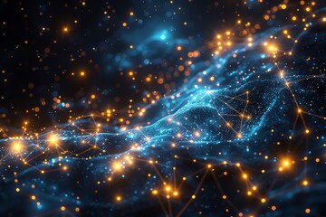 Aufkleber - Abstract visualization of a digital network with glowing nodes and interconnected lines against a dark background