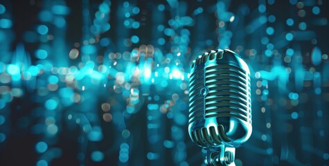 Wall Mural -  microphone with sound waves in the background on blue digital art style background