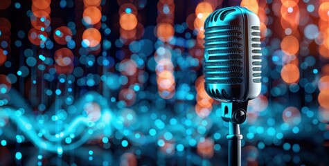 Wall Mural -  microphone with sound waves in the background on blue digital art style background
