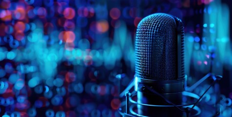 Wall Mural -  microphone with sound waves in the background on blue digital art style background