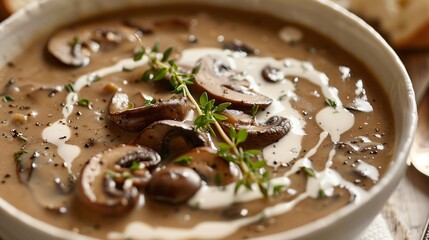 Wall Mural - A closeup of a bowl of creamy mushroom soup, garnished with fresh thyme and a swirl of cream