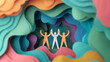 © praewpailyn - Colorful abstract paper art showcasing three figures celebrating unity and teamwork in a vibrant, layered environment.