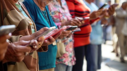 Fototapete - A group of elderly individuals is focused on their smartphones while participating in a community gathering under the bright afternoon sun. Generative AI
