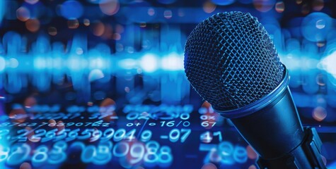 Wall Mural - microphone on blue background with sound waves and digital data. 