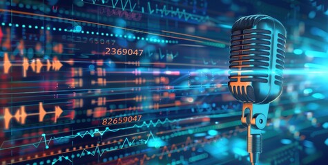 Wall Mural - microphone on blue background with sound waves and digital data. 