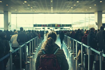 Wall Mural - Back view of people standing in a long security line at an airport, with many passengers carrying luggage waiting to pass through the gangway and check-in counter in the background.