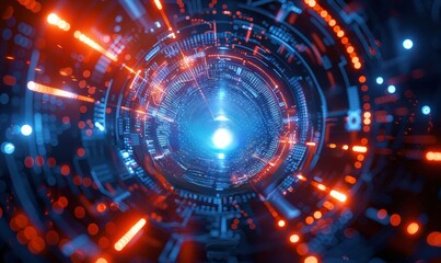 Wall Mural - cybernetic vortex: a mesmerizing fusion of blue and orange light streaks through a futuristic tunnel