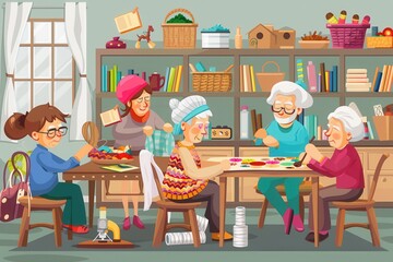 Aufkleber - A group of elderly people participates in a lively craft session, learning knitting and sewing techniques in a warm community environment. Generative AI