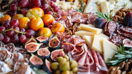 Wall Mural - A detailed shot of a charcuterie board filled with cheeses, cured meats, figs, nuts, and autumn fruits