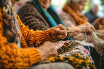 Leinwandbilder - Elderly participants focus on knitting and sewing in a vibrant learning environment, showcasing their creativity and camaraderie. Generative AI