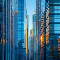 Poster - Majestic Modern Skyline with Gleaming Glass Towers Reaching for the Sky