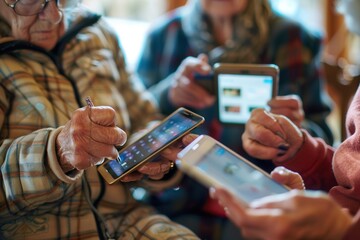 Aufkleber - A group of elderly individuals learns to use smartphones, exchanging tips and enjoying technology together in a warm, inviting room. Generative AI