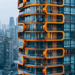 Poster - Close up of Unique Architectural Design Skyscraper in Dynamic Urban Cityscape