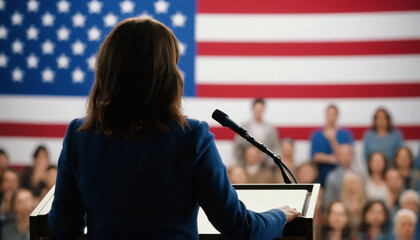 Wall Mural - A female politician, standing at a podium, addresses an audience with a large American flag in the background. The scene conveys powerful moment of leadership and public speaking in the United States