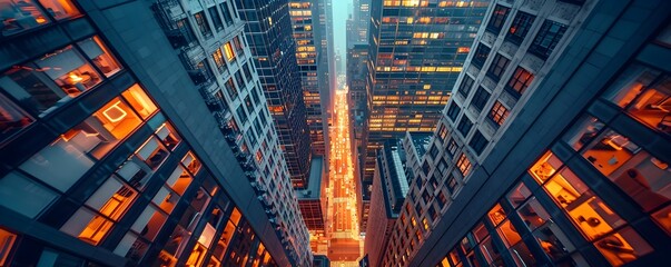 Poster - Aerial Perspective of Towering Cityscape at Night with Illuminated Skyscrapers and Busy Streets Below