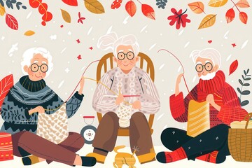 Aufkleber - Three elderly individuals engage in knitting and sewing, exchanging skills and enjoying a peaceful atmosphere surrounded by autumn leaves. Generative AI