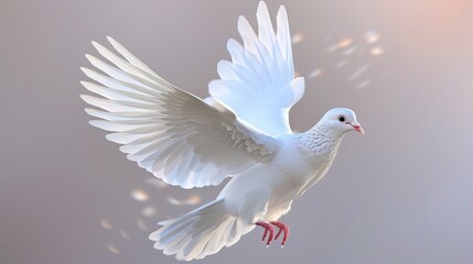 White dove flying gracefully with wings spread wide, captured in a detailed 3D illustration, representing peace and tranquility.