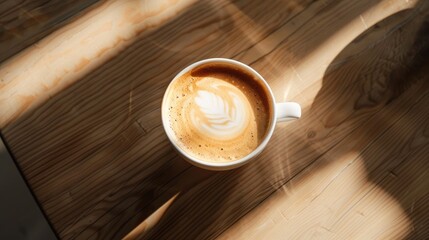 Poster - Hot coffee latte art seen from above on wooden table