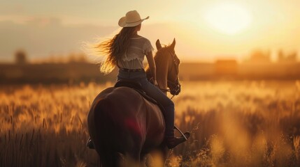 Poster - Sunset Silhouette of a Cowgirl Riding a Horse