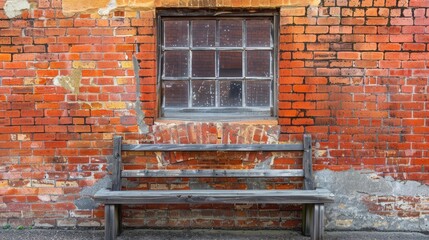 Wooden bench in front of old window and red brick wall