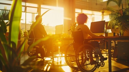 Aufkleber - People in wheelchairs working in an office with bright sunlight filtering in. Promoting workplace accessibility and inclusion.