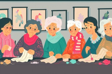 Aufkleber - Elderly individuals gather to craft, knitting and sewing while sharing knowledge in a vibrant learning environment. Generative AI