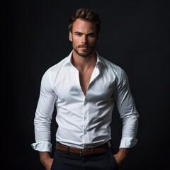 Canvas Print - Confident Man in White Shirt Posing Against a Dark Background