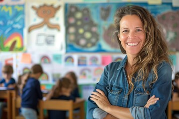 Wall Mural - Portrait of smiling female teacher in a class at elementary school looking at camera with learning students on background