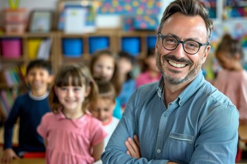 Wall Mural - Portrait of smiling male teacher in a class at elementary school looking at camera with learning students on background