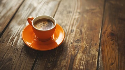 Wooden table holds an orange cup of coffee