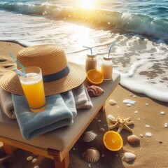 sunny sea beach, waves, on the sandy shore there is a sun lounger, a towel and a straw hat are hanging on it
