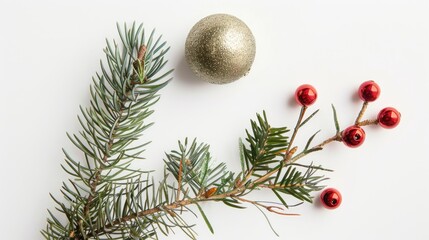 Poster - Christmas ornament and fir twig on white backdrop