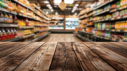 Poster - Wooden table with empty top in foreground blurry grocery section and juice shelves in background