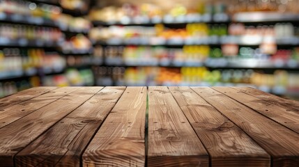 Poster - Wooden table with empty top in foreground blurry grocery section and juice shelves in background