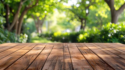 Aufkleber - Wooden tabletop with garden and tree background for displaying or showcasing products