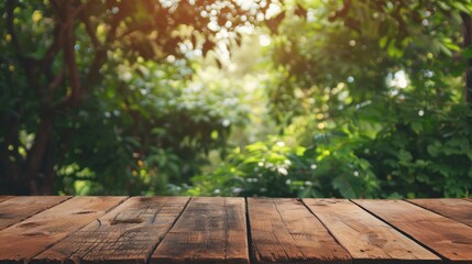 Aufkleber - Wooden tabletop with garden and tree background for displaying or showcasing products