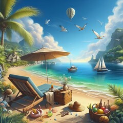 Wall Mural - Relaxing seascape illustration evoking summer holidays and vacations.