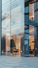 Aufkleber - A large glass building with a glass door and a plant in front of it