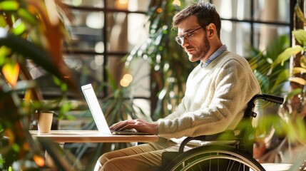 Aufkleber - Man in wheelchair in front of large windows with modern office view. Highlighting accessibility and inclusion in business environments.
