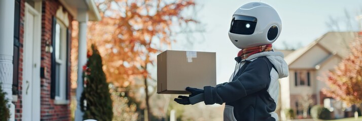 Poster - Robot delivering a package in autumn. AI in everyday tasks.