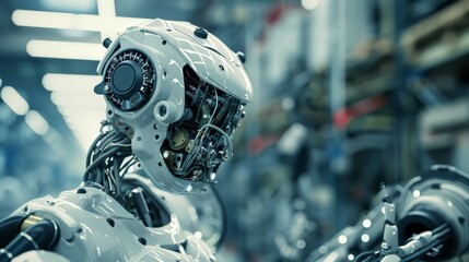 Poster - Detailed view of a humanoid robot head with internal mechanisms. Advanced robotics and AI in manufacturing.