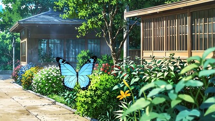 Canvas Print - butterfly in garden background anime cartoon illustration