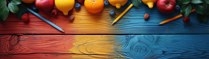 Polished wooden texture with school elements and bright colors, back to school, vibrant and stylish, copy space