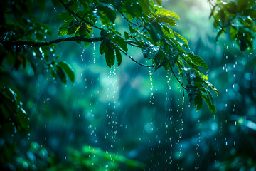 Closeup of tree branch in tropical rainforest during rain