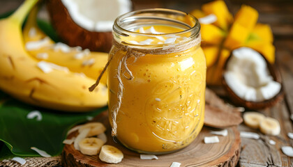 Wall Mural - Banana mango smoothie with coconut in a glass jar, vintage wooden background