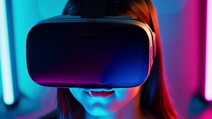 Poster - A woman wears a VR headset, immersed in a virtual world, bathed in blue and pink neon lights.