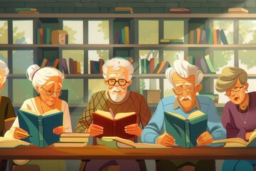 Poster - A group of elderly individuals sit at a long table, deeply focused on studying foreign languages with textbooks and dictionaries in a bright library. Generative AI