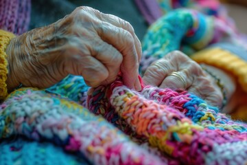 Aufkleber - Elderly participants are focused on knitting colorful items, enjoying a craft session in a friendly and supportive learning atmosphere. Generative AI