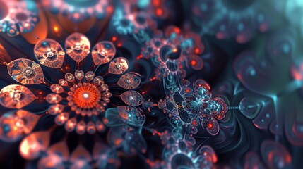 Aufkleber - Vivid fractal art showcases intricate, symmetrical patterns in glowing reds and cool blues, creating a mesmerizing and dynamic visual experience. Perfect for backgrounds or abstract concepts.